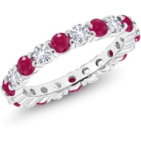 Gem Stone King 925 Sterling Silver Red Ruby and White Created Sapphire Eternity Band Ring For Women |2.85 Cttw | Round 3MM | Gemstone Birthstone | Available in size 5, 6, 7, 8, 9