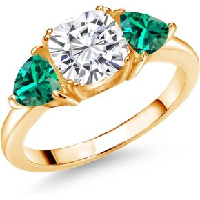 Gem Stone King 18K Yellow Gold Plated Silver White Moissanite and Green Nano Emerald 3 Stone Engagement Ring For Women (2.64 Cttw, Gemstone Birthstone, Available In Size 5, 6, 7, 8, 9)