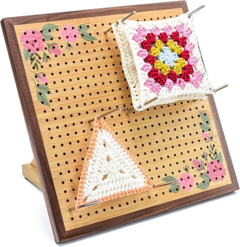Crochet Blocking Board -Crochet Gift for Granny Square Lovers-Bamboo Blocking Board for Knitting Crochet, Full Kit with 24 Stainless Steel Rod Pins (13 inches-Classic Patterns) in Saudi Arabia