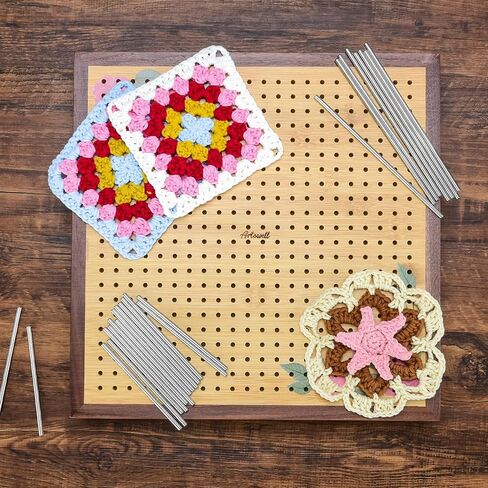 Crochet Blocking Board -Crochet Gift for Granny Square Lovers-Bamboo Blocking Board for Knitting Crochet, Full Kit with 24 Stainless Steel Rod Pins (13 inches-Classic Patterns) in Saudi Arabia