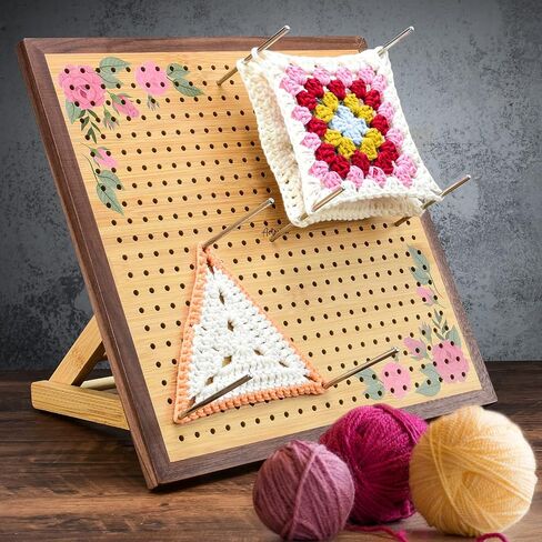 Crochet Blocking Board -Crochet Gift for Granny Square Lovers-Bamboo Blocking Board for Knitting Crochet, Full Kit with 24 Stainless Steel Rod Pins (13 inches-Classic Patterns) in Saudi Arabia
