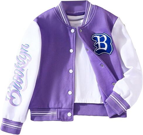 SweatyRocks Girl's Color Block Letter Graphic Collar Bomber Jacket Long Sleeve Button Down Coat Outwear in Saudi Arabia