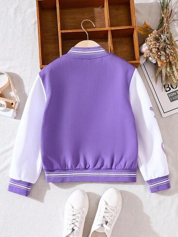 SweatyRocks Girl's Color Block Letter Graphic Collar Bomber Jacket Long Sleeve Button Down Coat Outwear in Saudi Arabia