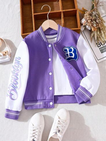 SweatyRocks Girl's Color Block Letter Graphic Collar Bomber Jacket Long Sleeve Button Down Coat Outwear in Saudi Arabia