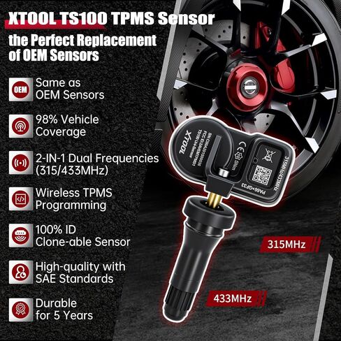 XTOOL TS100 TPMS Sensor(315/433MHz) for All Vehicles, Programmable OEM TPMS Sensor Replacement, Tire Pressure Monitoring System Sensor(Rubber Valves Pack of 1), Work with XTOOL TP150/IP819TP TPMS Tool in Saudi Arabia