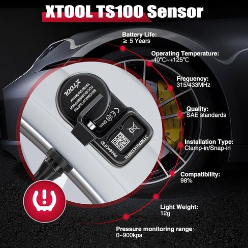 XTOOL TS100 TPMS Sensor(315/433MHz) for All Vehicles, Programmable OEM TPMS Sensor Replacement, Tire Pressure Monitoring System Sensor(Rubber Valves Pack of 1), Work with XTOOL TP150/IP819TP TPMS Tool in Saudi Arabia