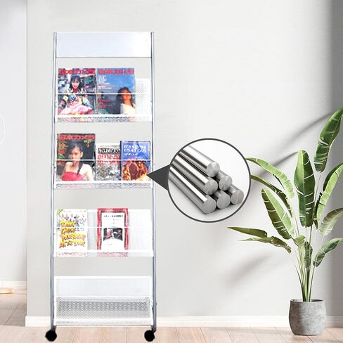 Vmsiuory 4-Layer Iron Magazine Rack with Wheels, Newspaper Rack, Display Rack, Silver (63) in Saudi Arabia