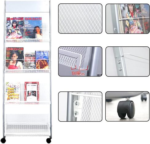 Vmsiuory 4-Layer Iron Magazine Rack with Wheels, Newspaper Rack, Display Rack, Silver (63) in Saudi Arabia