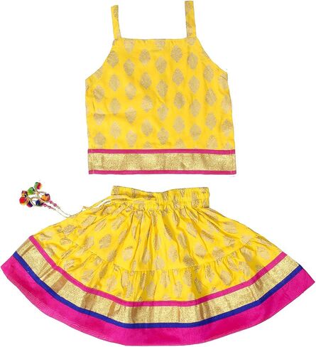 مجموعة Chandrakala Kids Lehenga Choli للفتيات من ملابس الحفلات الهندية التقليدية، تنورة علوية - من 6 إلى 18 شهرًا، أصفر ذهبي (KL118YEL1) in Kuwait