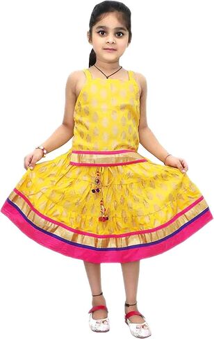 مجموعة Chandrakala Kids Lehenga Choli للفتيات من ملابس الحفلات الهندية التقليدية، تنورة علوية - من 6 إلى 18 شهرًا، أصفر ذهبي (KL118YEL1) in Kuwait