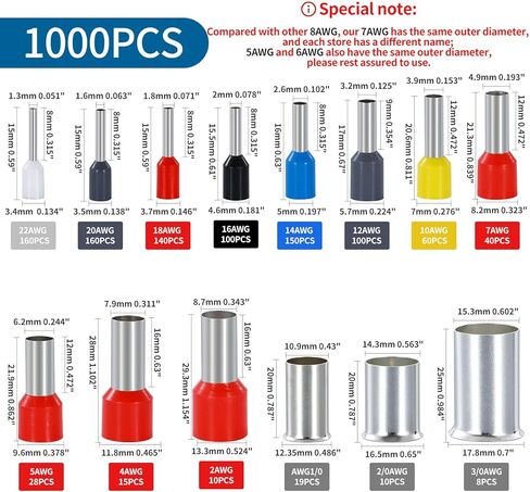 SRXECT 1000 قطعة مجموعة سلك الطويق النحاس تجعيد محطات معزول دبوس الحبل نهاية موصلات AWG (22 20 18 16 14 12 10 7 5 4 2 1/0 2/0 3/0) قياس in Kuwait