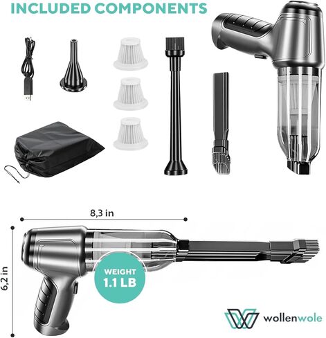 WOLLENWOLE Car Vacuum Cleaner - Cordless Handheld Electric Auto Cleaner & Blower, High Strong Suction Power 12000 Pa, Wireless Compact with Powerful Rechargeable Battery for Car Interior & Home in Kuwait