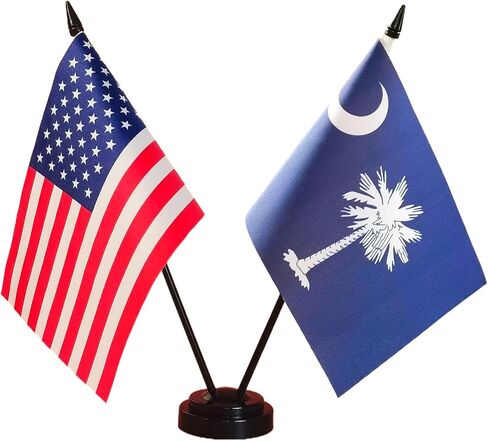 America & South Carolina Twin Desk Flag, US South Carolina Table Flags, 8 x 5 Inches American & South Carolina Deluxe Desk Flag Set - South Carolina Stick Flag with Flag Stand in Saudi Arabia