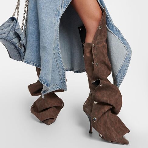 Women's Denim Slouch Ruched Knee High Boots Back Zip Stiletto Heel Boots Pointed Toe Studs Fashion Boots in Saudi Arabia