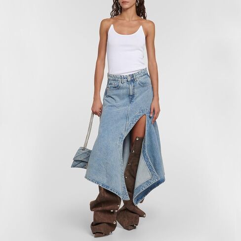 Women's Denim Slouch Ruched Knee High Boots Back Zip Stiletto Heel Boots Pointed Toe Studs Fashion Boots in Saudi Arabia