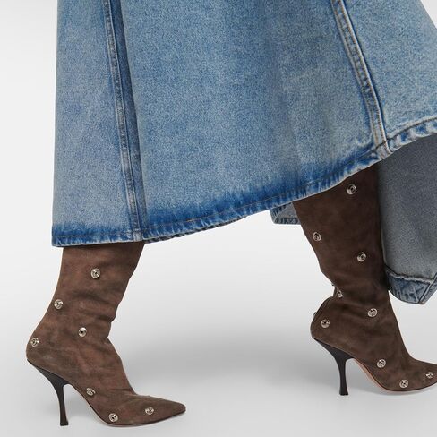 Women's Denim Slouch Ruched Knee High Boots Back Zip Stiletto Heel Boots Pointed Toe Studs Fashion Boots in Saudi Arabia