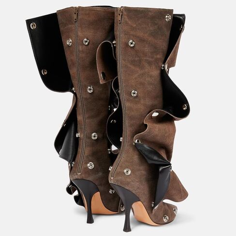 Women's Denim Slouch Ruched Knee High Boots Back Zip Stiletto Heel Boots Pointed Toe Studs Fashion Boots in Saudi Arabia