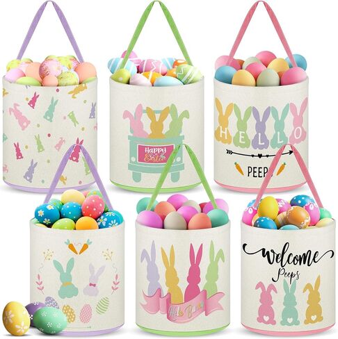 Boyiee 6 حزمة سلة أرنب عيد الفصح للأطفال 9.25 بوصة سلة عيد الفصح أكياس عيد الفصح الفارغة سلال بيض عيد الفصح دلاء طباعة أرنب مع مقابض للبنين الفتيات مهرجان عطلة هدية حفلة in Kuwait