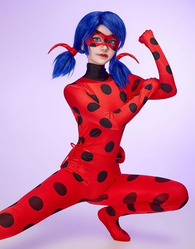 Women Miraculous Ladybug Cosplay Set Classic Screen Printing Jumpsuit with Eye Mask and Yoyo Bag in Saudi Arabia
