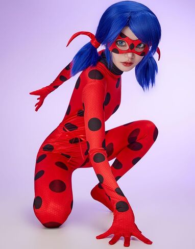 Women Miraculous Ladybug Cosplay Set Classic Screen Printing Jumpsuit with Eye Mask and Yoyo Bag in Saudi Arabia