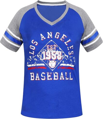 Womens Los Angeles City Baseball V Neck Fans Raglan Athletic T-Shirts - Blue & White in Saudi Arabia