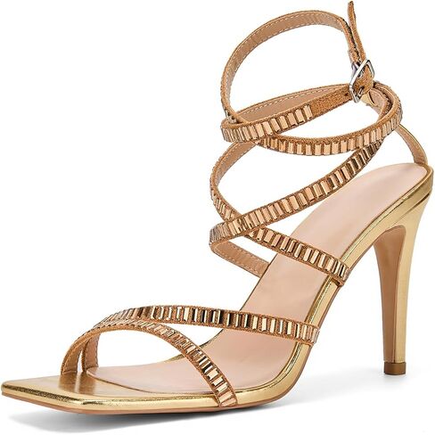 Women's Lace Up Heels Tie Up Square Open Toe Stiletto High Heeled Sandals Rhinestone Strappy Sexy Party Shoes in Saudi Arabia