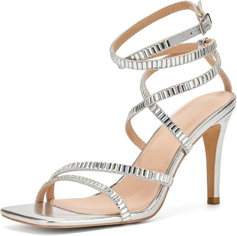 Women's Lace Up Heels Tie Up Square Open Toe Stiletto High Heeled Sandals Rhinestone Strappy Sexy Party Shoes in Saudi Arabia