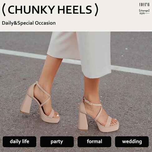 IDIFU IN4 Platform Heels for Women High Strappy Chunky Block Square Toe Heels Sexy Wedding Dress Shoes Open Toe Ankle Strap Heeled Sandals Comfortable Thick Heels in Saudi Arabia