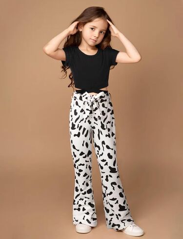 ملابس الفتيات تي شيرت بأكمام قصيرة وقميص متقاطع وبنطلون بطبعة بقرة أطقم ملابس للفتيات in Kuwait