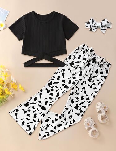 ملابس الفتيات تي شيرت بأكمام قصيرة وقميص متقاطع وبنطلون بطبعة بقرة أطقم ملابس للفتيات in Kuwait