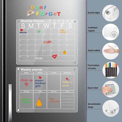 Magnetic Acrylic Calendar for Fridge Dry Erase Board Clear Acrylic Wall Calendar 2 Pack 12"X 16" Planning Boards Clear Fridge Calendar Dry Erase Includes 6 Magnetic Markers, Monthly and Weekly in Saudi Arabia