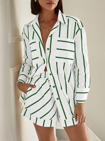 Bufushaoh Women's Striped 2 Piece Outfits Casual Oversized Button Down Shirts and Short Lounge Pajamas Set in Saudi Arabia