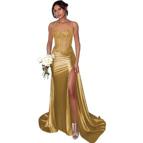 Spaghetti Strap Satin Prom Dresses 2025 Long Mermaid Lace Applique Corset Evening Gown with Slit Formmal Party Dresses in Saudi Arabia