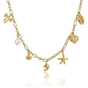 RINHOO Gold Charm Necklace for Women - Paperclip Chain Summer Beach Ocean Theme Jewelry with Starfish Shell Pearl Dolphin Pendants 18K Gold Plated Boho Vacation Necklaces Y2K Coastal Gifts in Kuwait
