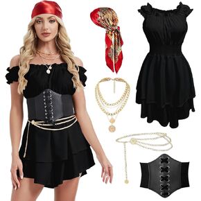 GYQMBT 5 قطع أزياء القرصان النسائية، فستان على طراز عصر النهضة مع ملحقات مشد القرصان باندانا لحفلات الهالوين. in Kuwait
