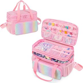 Double Layer Jewelry Organizer Storage for Kids Girls, Travel Jewelry Case Bag, Portable Jewelry Box with Handle and Detachable Shoulder Strap for Necklaces, Earrings, Rings, Pink (Case Only) in Kuwait