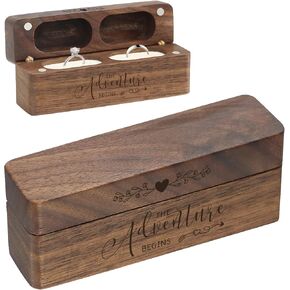 صندوق خشبي ذو حلقتين لحفلات الزفاف، حامل حلقي لصندوق تخزين المجوهرات من الخشب الصلب من خشب الجوز الريفي العتيق (قطعتان السيد والسيدة، غير مخصص) in Kuwait