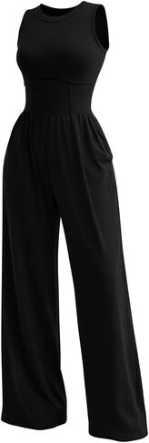XXTAXN Women's Casual Sleeveless Round Neck Corest Waist Wide Leg Jumpsuit with Pockets - Comfy One-Piece Long Pants in Kuwait