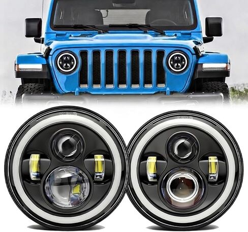 Jeep wrangler headlight,7" LED Halo Headlights for Jeep Wrangler JK JKU TJ LJ CJ 2007–2017, DOT Approved Hi/Lo Beam, White DRL & Amber Turn Signal, 1 Pair (Black) in Saudi Arabia