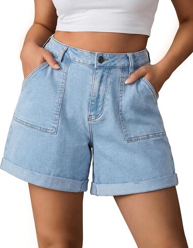 roswear Women's Jean Shorts Stretch Baggy with Cuffed Hem Large Pockets in Saudi Arabia