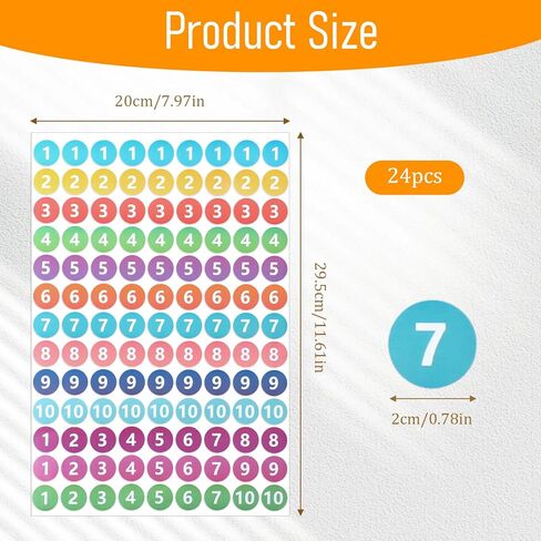 24 Sheets 1to10 Consecutive Number Stickers Self Adhesive Numbers Labels 2808Pcs 0.8 Inch Colourful Number Sticker Small Round Numbered Stickers for Office Home Kitchen Organizing Storage Boxes in Saudi Arabia
