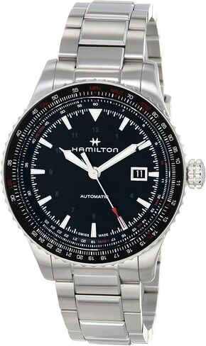 Hamilton Khaki Aviation Automatic Men's Watch, 42mm Stainless Steel Case, Swiss Made, Black Dial Analog Wrist Watch for Men, 100m Waterproof, Sapphire Crystal, 3-Hand Movement, Stainless Steel Strap in Saudi Arabia