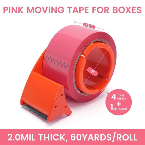 شريط تعبئة وردي من TAPEBEAR مع موزع، شريط تغليف 1.88 بوصة × 60 ياردة، 4 بكرات إعادة تعبئة شريط متحرك زخرفي لطيف للصناديق والشحن والختم in Kuwait