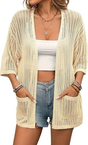 BB&KK Lightweight Summer Crochet Cardigan for Women 3/4 Sleeve Open Front Sheer Knit Boho Kimono Cardigans with Pockets in Kuwait
