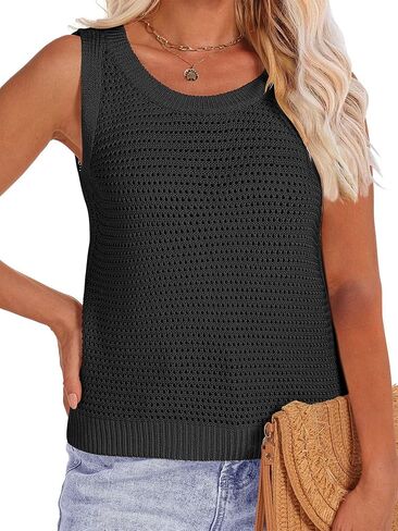 Womens Crochet Tank Tops Sleeveless Summer Knit Crop Tops Crewneck Hollow Out Sweater Vest in Saudi Arabia