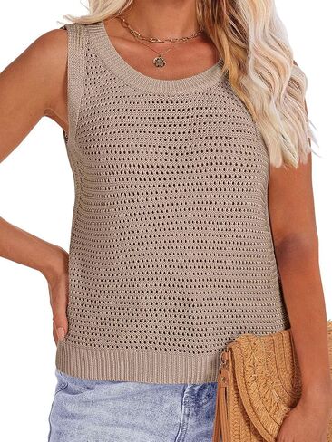Womens Crochet Tank Tops Sleeveless Summer Knit Crop Tops Crewneck Hollow Out Sweater Vest in Saudi Arabia