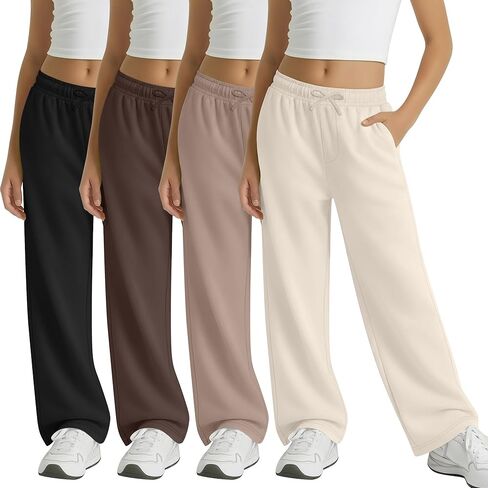 عبوة من 4 بناطيل رياضية بأرجل واسعة للفتيات، سراويل كاجوال فضفاضة للركض مع جيوب للأطفال من عمر 5 إلى 14 سنة in Kuwait