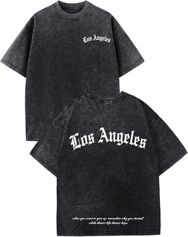 Bobeutou Oversized Graphic Tshirts for Men Los Angeles Vintage Tees Streetwear Acid Wash Baggy Cool Shirts Casual Tops in Kuwait