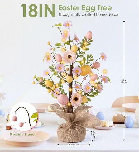 زينة عيد الفصح شجرة عيد الفصح المضاءة مسبقًا، شجرة بيض عيد الفصح على الطاولة مقاس 45.72 سم مع 30 مصباح LED ومؤقت، ديكور زنبركي يعمل بالبطارية لرف المطبخ على رف الطاولة in Kuwait