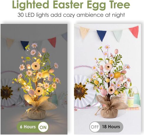 زينة عيد الفصح شجرة عيد الفصح المضاءة مسبقًا، شجرة بيض عيد الفصح على الطاولة مقاس 45.72 سم مع 30 مصباح LED ومؤقت، ديكور زنبركي يعمل بالبطارية لرف المطبخ على رف الطاولة in Kuwait